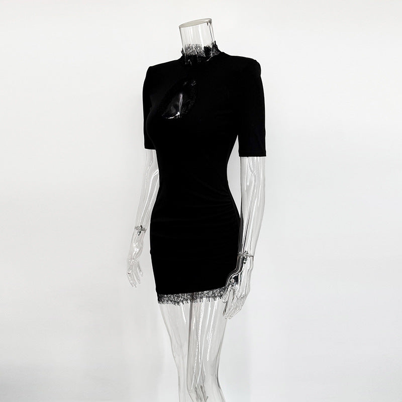 Black Lace Trim Keyhole Mini Dress
