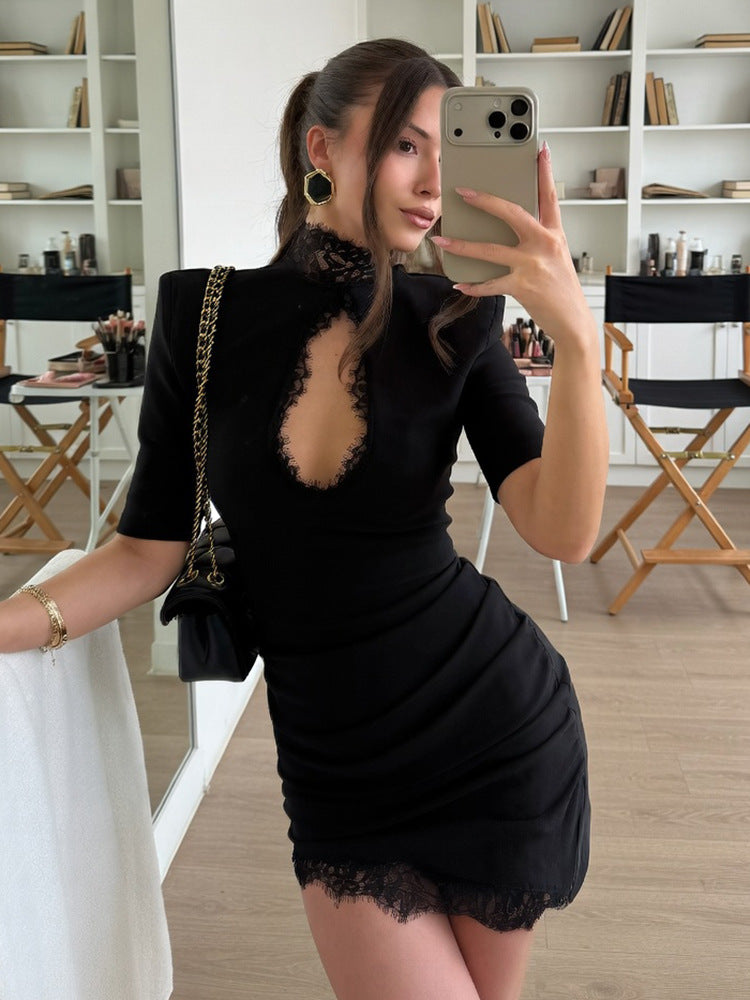 Black Lace Trim Keyhole Mini Dress